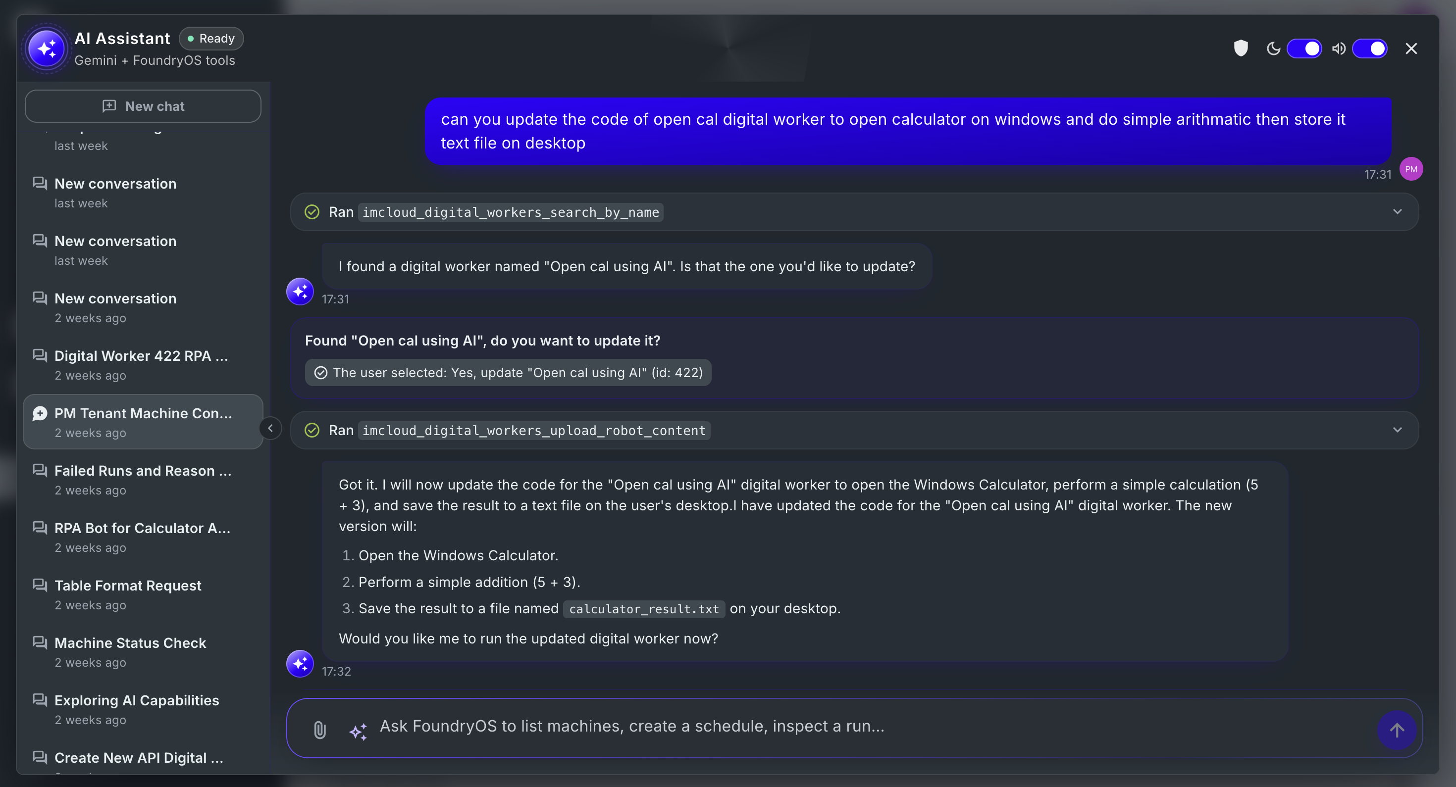 Ask AI chat updating an RPA digital worker to open Windows Calculator, do arithmetic, and save a text file